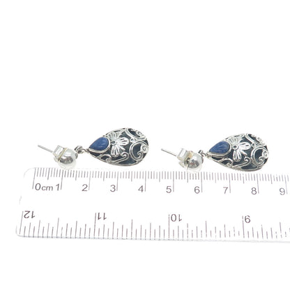 950 Silver Vintage Real Sodalite Gemstone Floral Teardrop Dangle Earrings