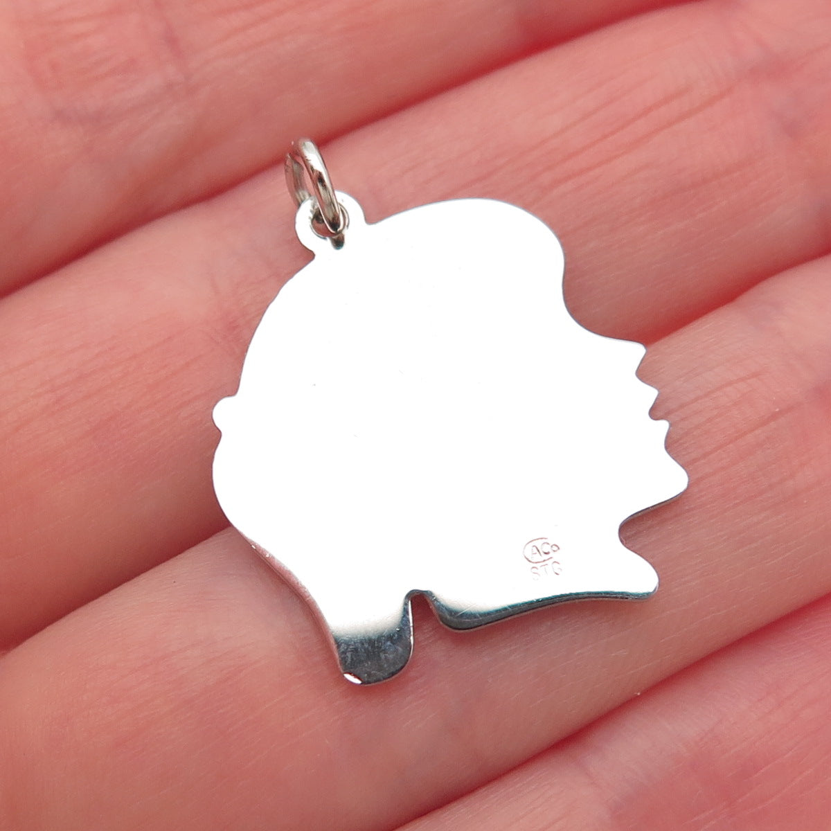 CACO 925 Sterling Silver Vintage Girl's Profile Tag Charm Pendant