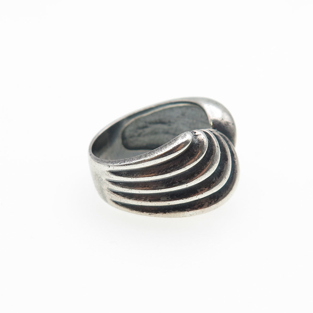 925 Sterling Silver Vintage Modernist Ribbed Bypass Oxidized Ring Size 5