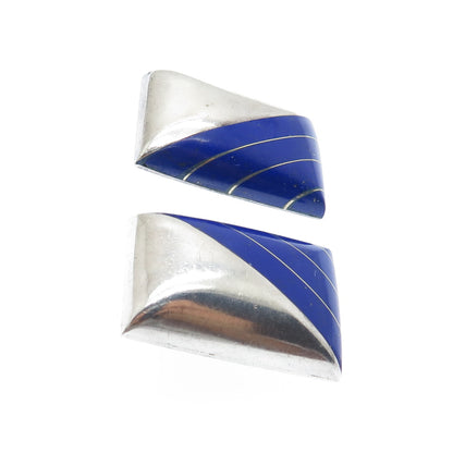 925 Sterling Silver Vintage Mexico Real Lapis Lazuli Modernist Clip On Earrings