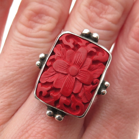 925 Sterling Silver Vintage Cinnabar Carved Floral Oxidized Ring Size 7.5