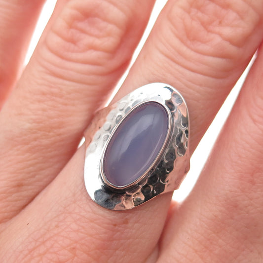 830 Silver Vintage Real Lavender Chalcedony Modernist Hammered Ring Size 6.5