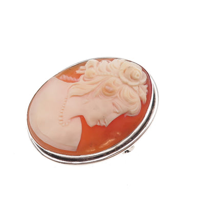 800 Silver Antique Art Deco Real MOP Lady Cameo Pin Brooch / Pendant