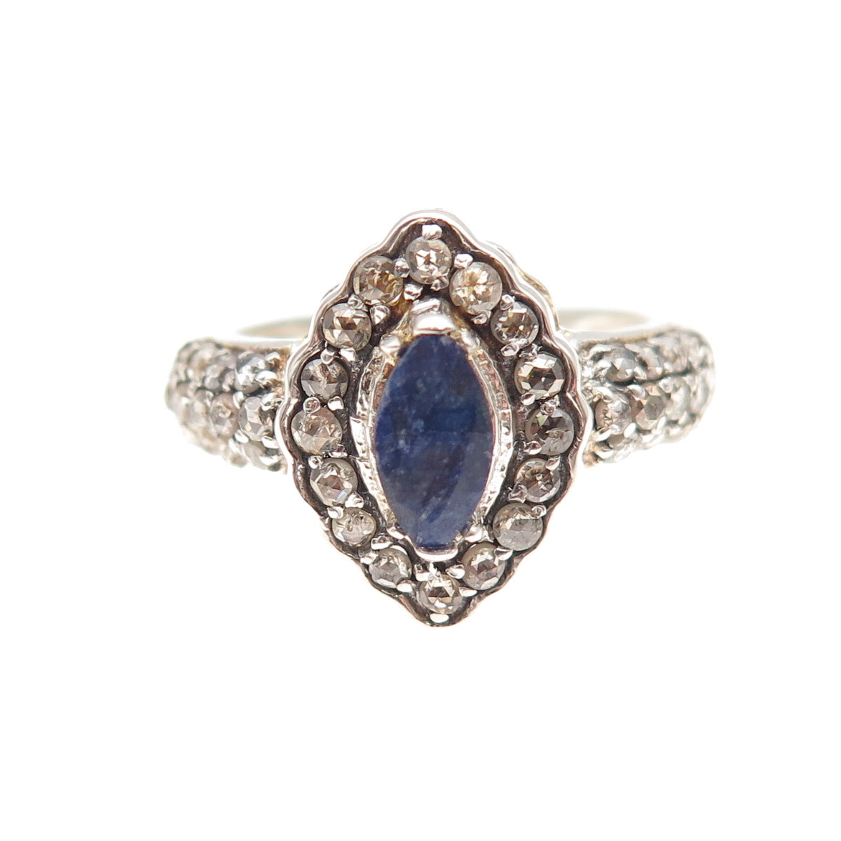 925 Sterling Silver Real Round-Cut Diamond & Sapphire Ring Size 6.75