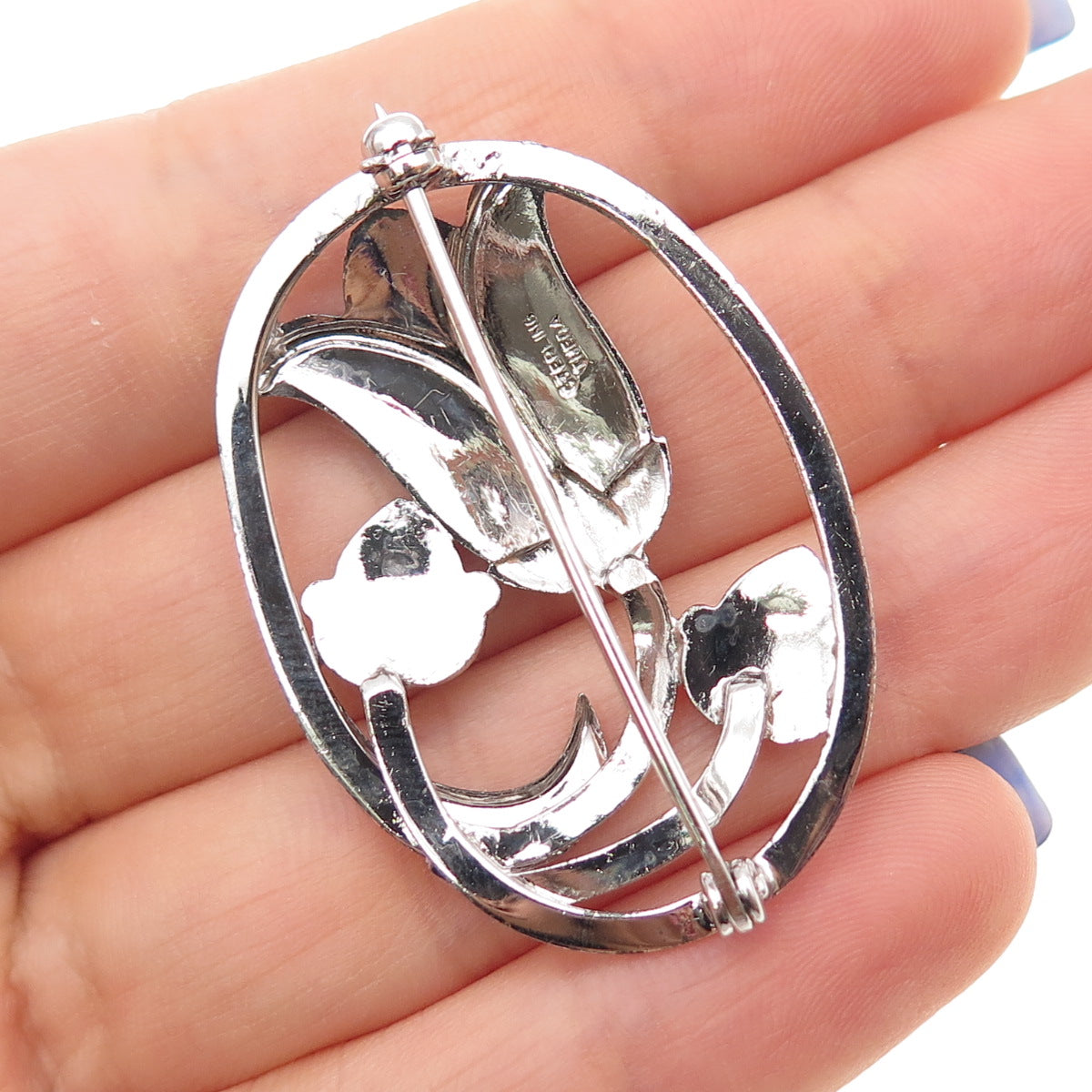 THEDA Sterling Silver Antique Art Deco Real Marcasite Tulip Flower Pin Brooch