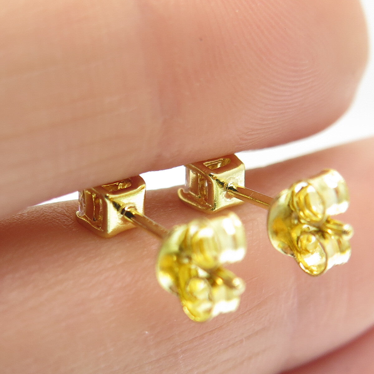 925 Sterling Silver Gold Plated Princess-Cut Shaped C Z Stud Earrings