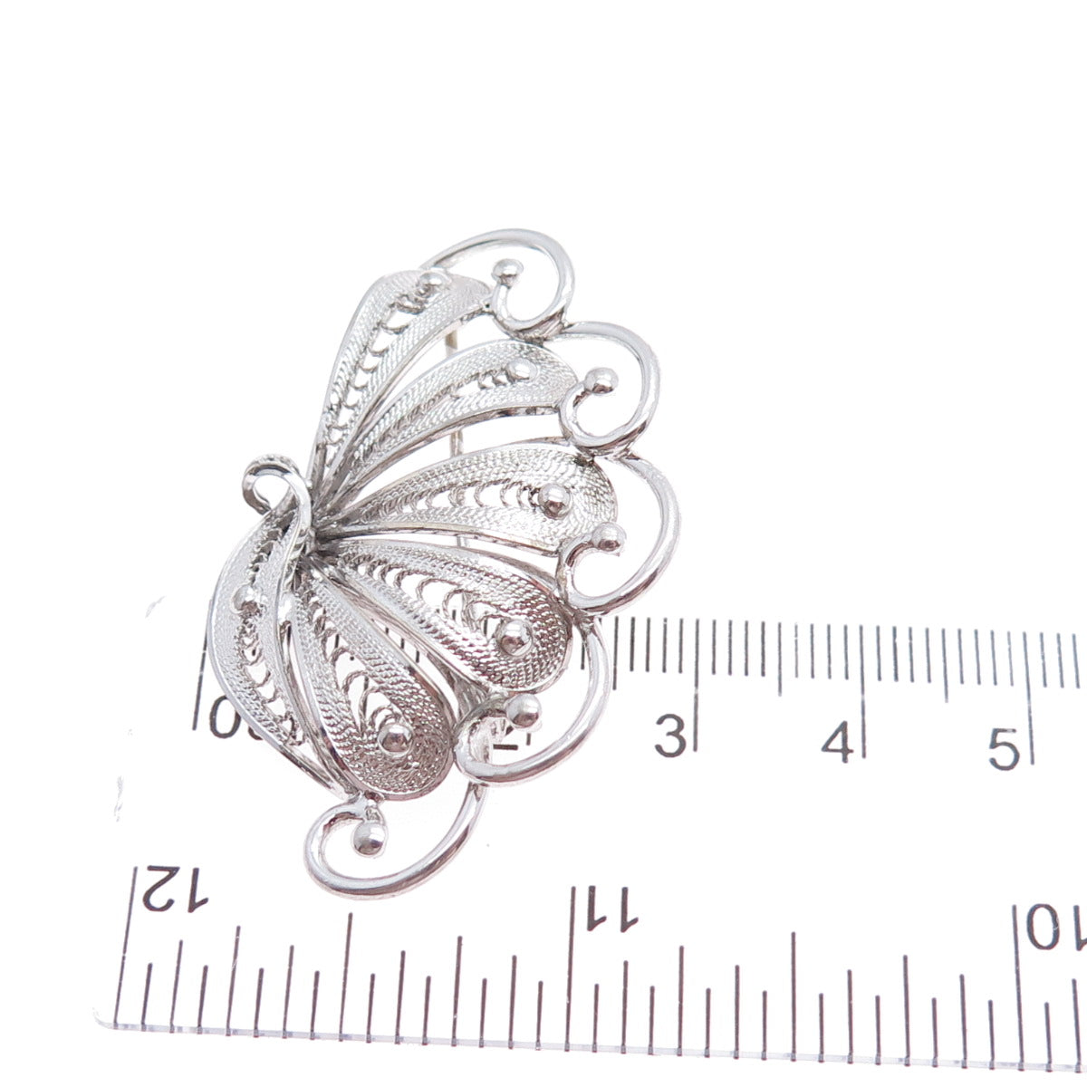 925 Sterling Silver Vintage Modernist Fan Filigree Pin Brooch