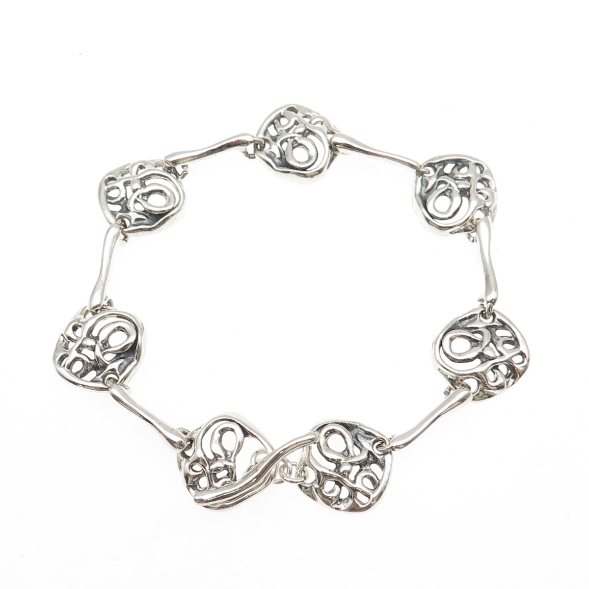 Hagit Gorali Sterling Silver Vintage Modernist Swirl Link Oxidized Bracelet 7"