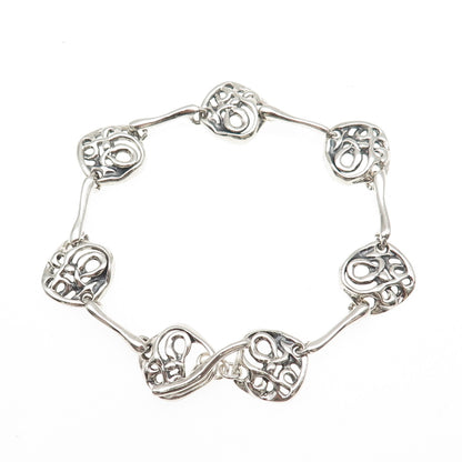 Hagit Gorali Sterling Silver Vintage Modernist Swirl Link Oxidized Bracelet 7"