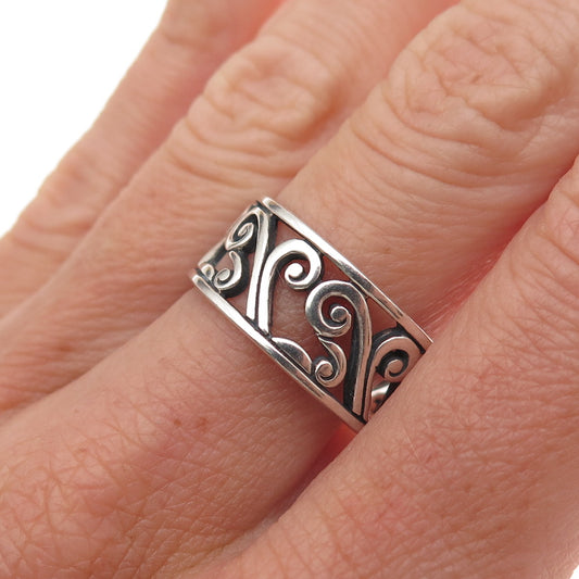 925 Sterling Silver Vintage Floral Scroll Oxidized Band Ring Size 7.75