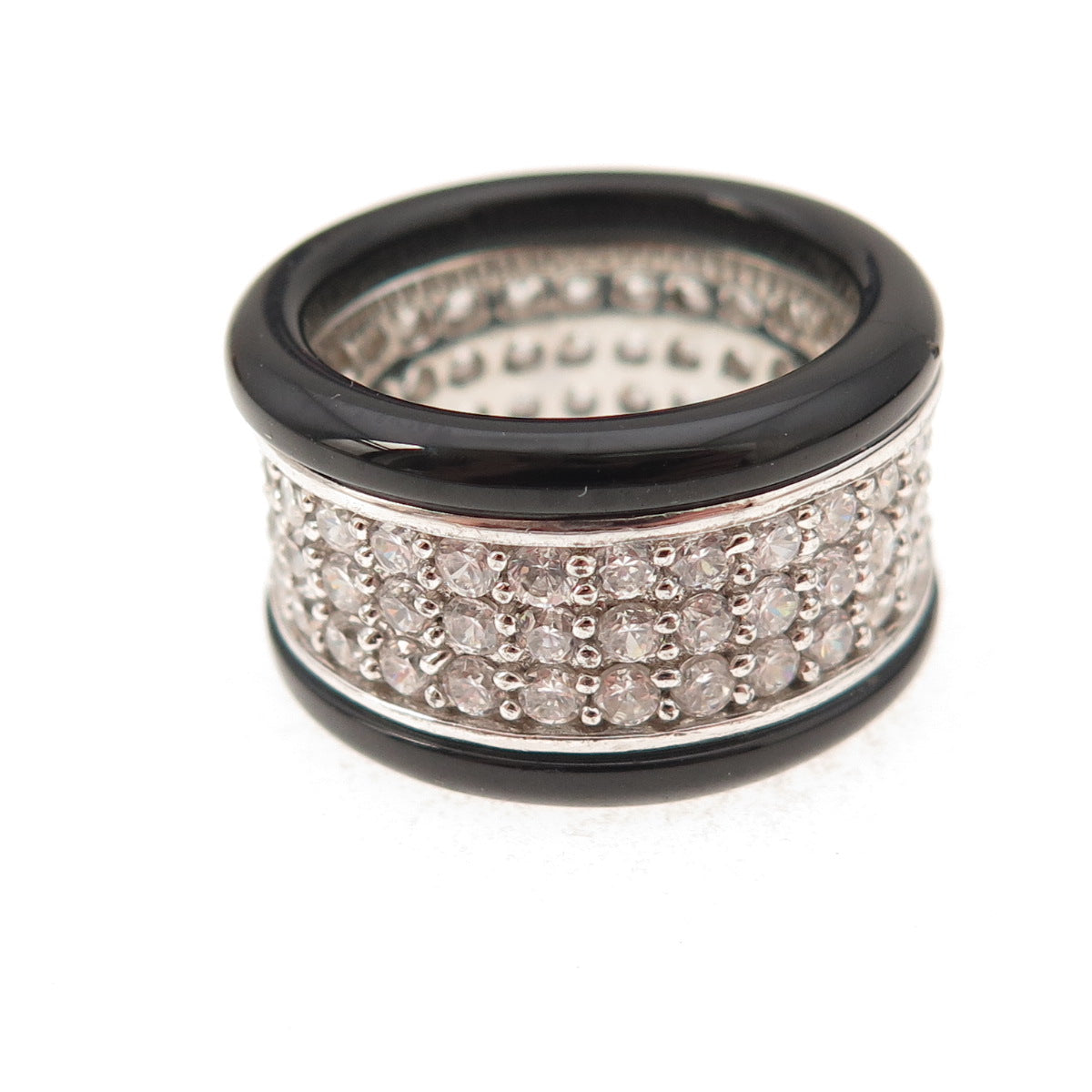 925 Sterling Silver Real Black Onyx & C Z Wide Band Ring Size 7.25