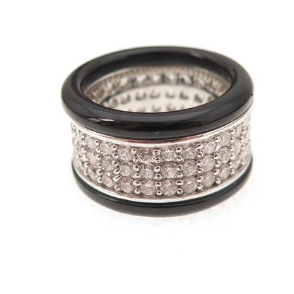 925 Sterling Silver Real Black Onyx & C Z Wide Band Ring Size 7.25