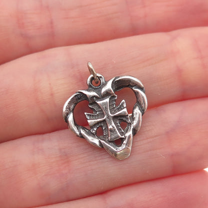 925 Sterling Silver Vintage Cross Heart Oxidized Charm Pendant