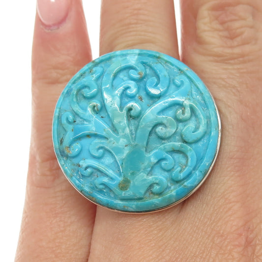 925 Sterling Silver Vintage Real Carved Mountain Turquoise Statement Ring Size 6