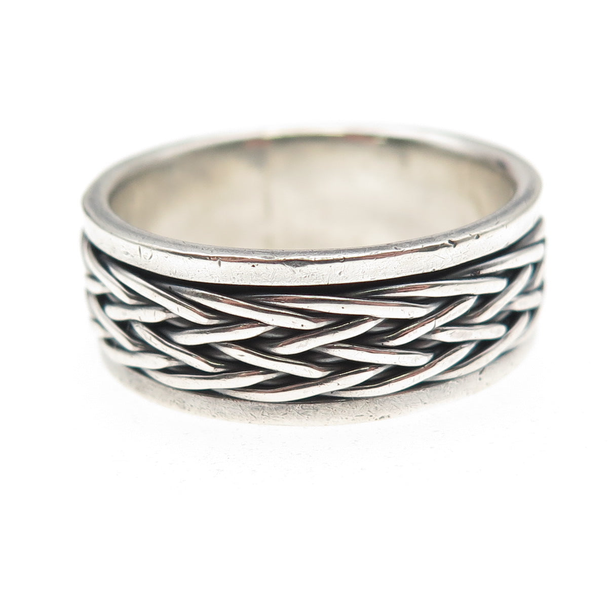 925 Sterling Silver Vintage Braided Oxidized Rotating Band Ring Size 13