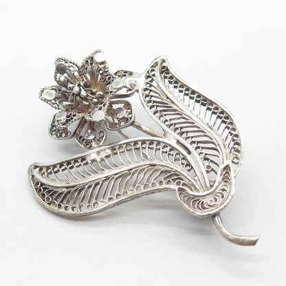 925 Sterling Silver Vintage Floral Filigree Pin Brooch