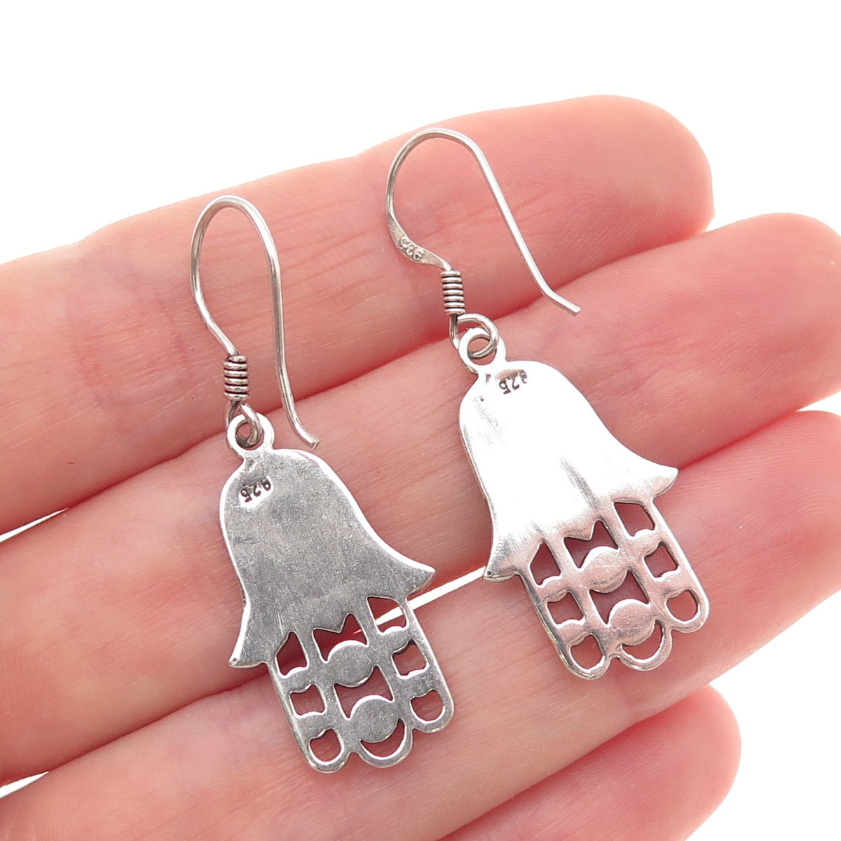 925 Sterling Silver Vintage Tulip Floral Hamsa Amulet Oxidized Dangle Earrings