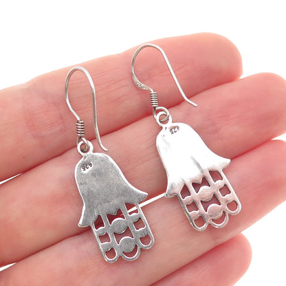 925 Sterling Silver Vintage Tulip Floral Hamsa Amulet Oxidized Dangle Earrings