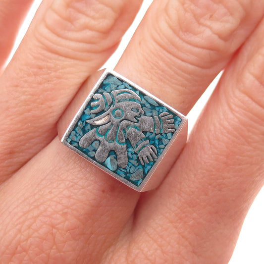 925 Sterling Vintage Mexico Real Turquoise Inlay Aztec Warrior Ring Size 11