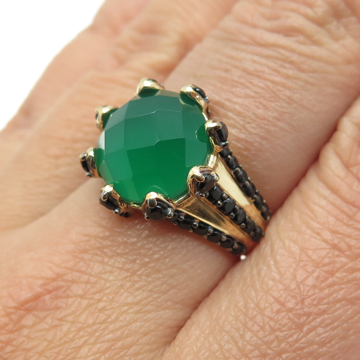 925 Sterling Silver Gold Plated Checkered Green Onyx & Black Spinel Ring Size 7