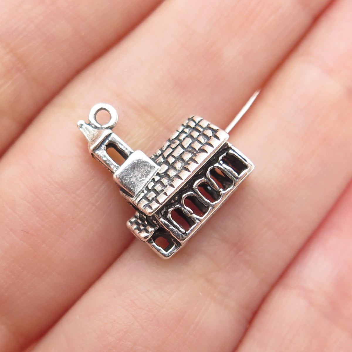 925 Sterling Silver Vintage Old Church Oxidized Minimalist 3D Charm Pendant