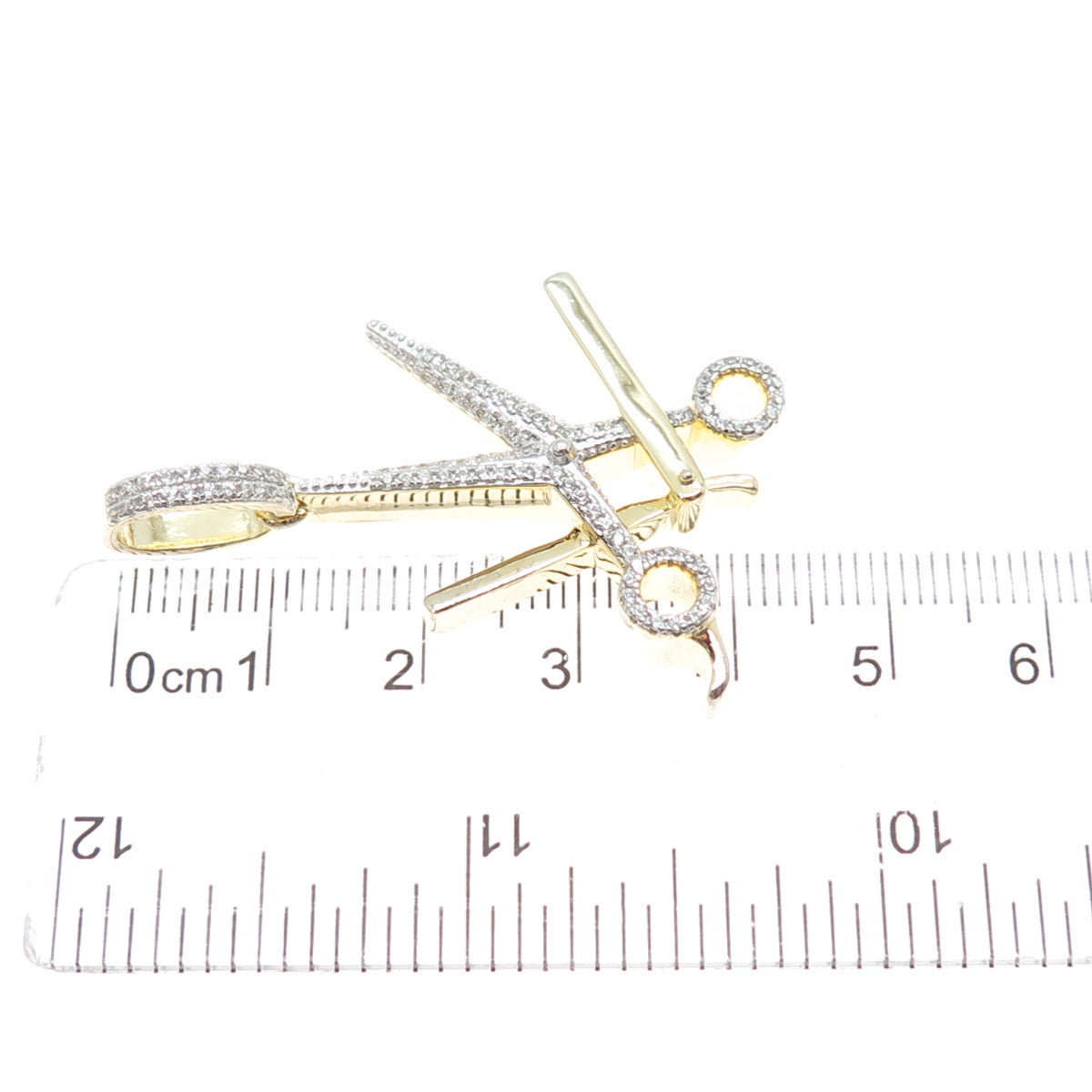 925 Sterling Silver Gold Plated Round-Cut C Z Scissors & Razor Barber Pendant