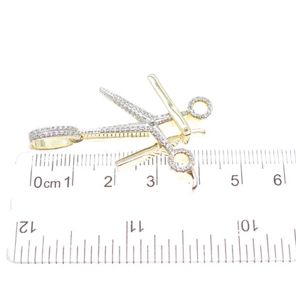 925 Sterling Silver Gold Plated Round-Cut C Z Scissors & Razor Barber Pendant