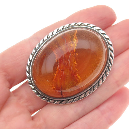 925 Sterling Silver Vintage Real Cabochon Amber Oxidized Pin Brooch