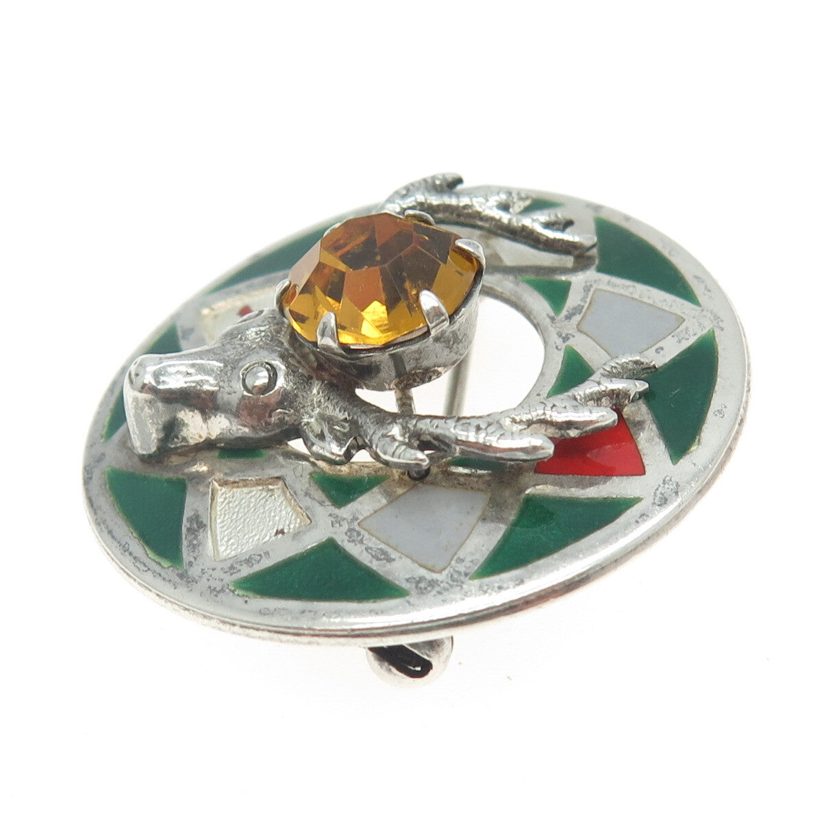 925 Sterling Silver Vintage Enamel Yellow Rhinestone Scottish Stag Pin Brooch