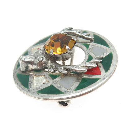 925 Sterling Silver Vintage Enamel Yellow Rhinestone Scottish Stag Pin Brooch