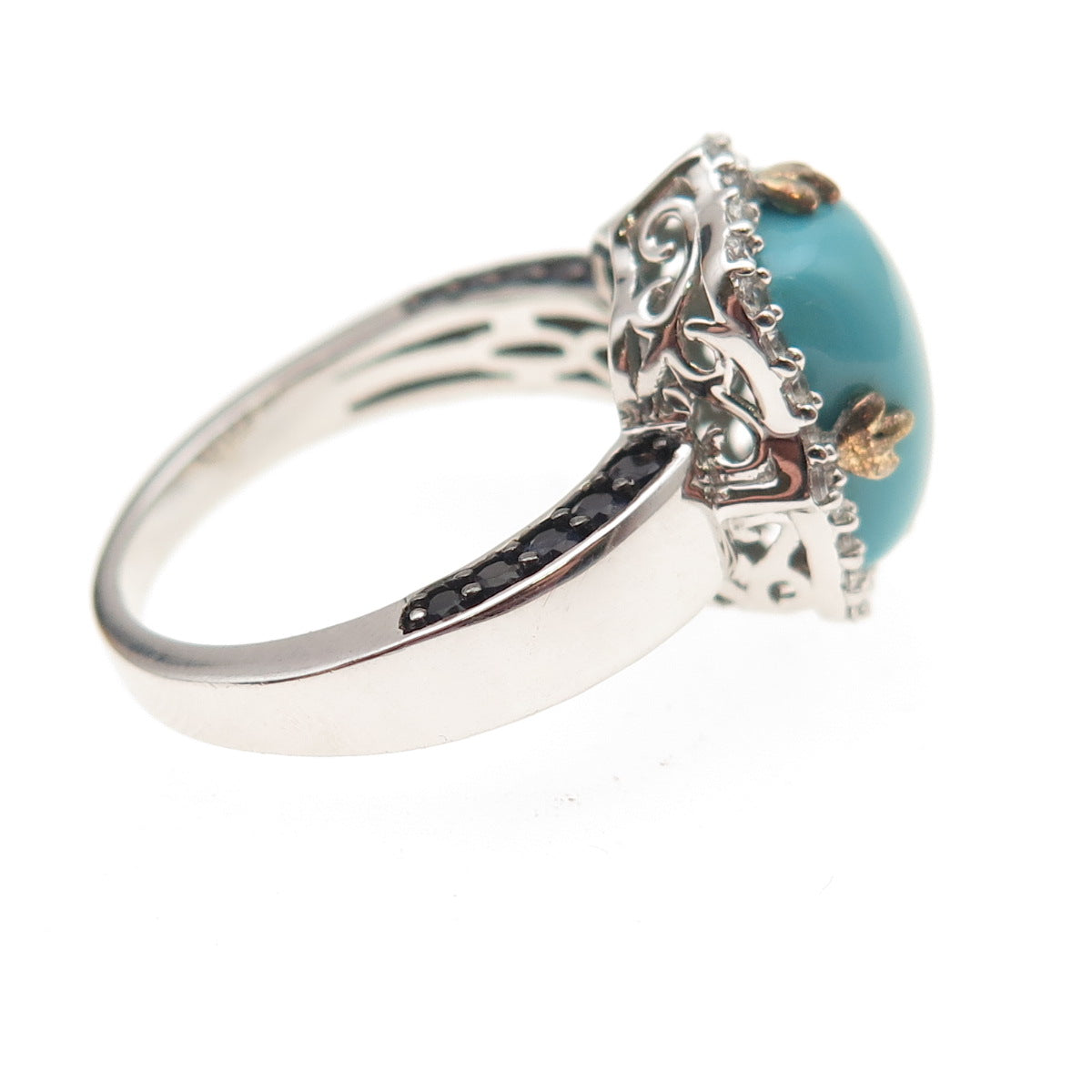 925 Sterling Silver 2-Tone Real Turquoise White Topaz & Iolite Ring Size 8.25