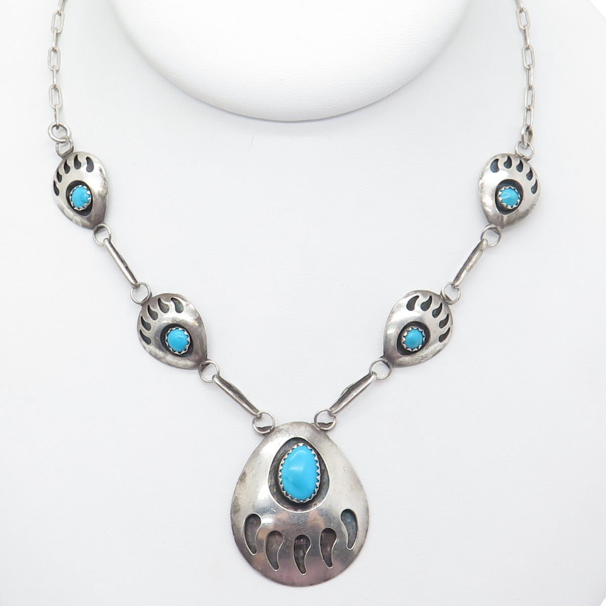 SELENA JAKE Old Pawn 925 Sterling Silver Turquoise Bear Paw Chain Necklace 18"