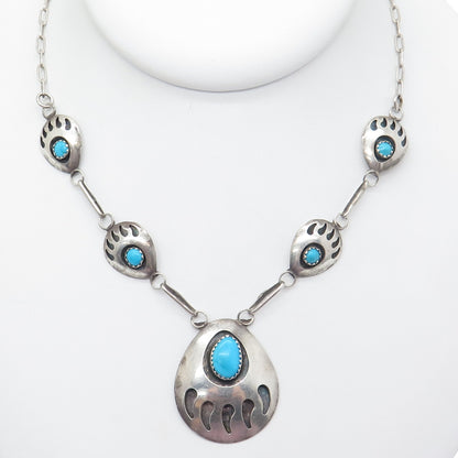 SELENA JAKE Old Pawn 925 Sterling Silver Turquoise Bear Paw Chain Necklace 18"