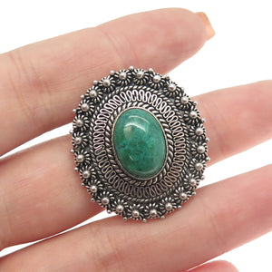 925 Sterling Silver Vintage Real Jade Gemstone Ethnic Pin Brooch / Pendant