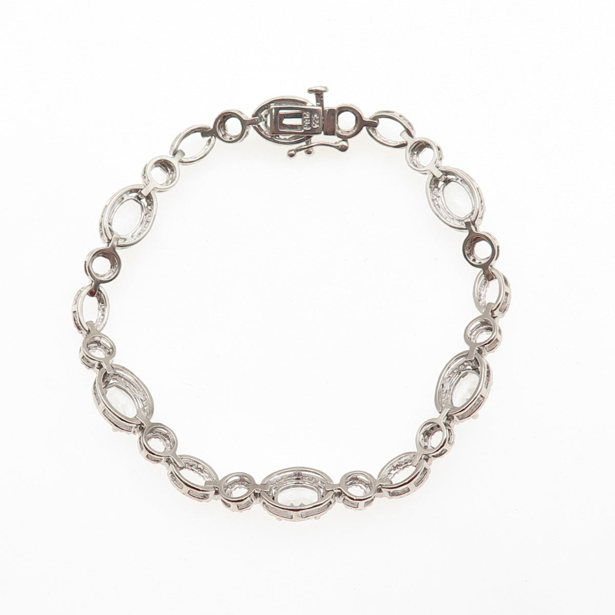 925 Sterling Silver Real Oval-Cut Aquamarine Station Link Bracelet 7"