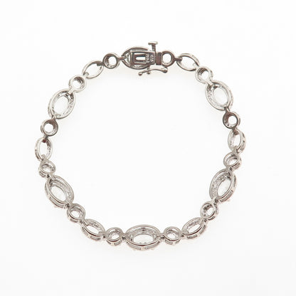 925 Sterling Silver Real Oval-Cut Aquamarine Station Link Bracelet 7"