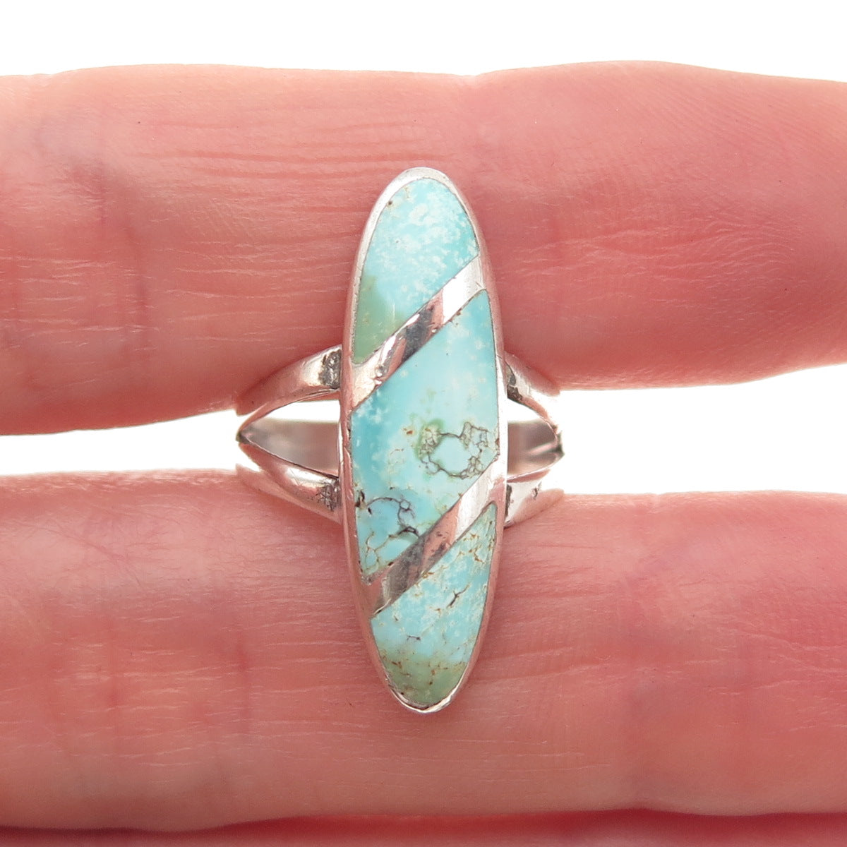 Old Pawn 925 Sterling Silver Vintage Southwestern Tyrone Turquoise Ring Size 5