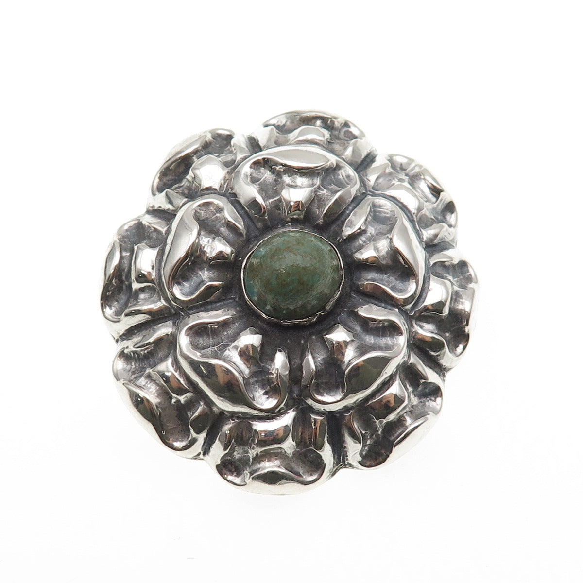 925 Sterling Silver Vintage Mexico Real Turquoise Flower Oxidized Pin Brooch