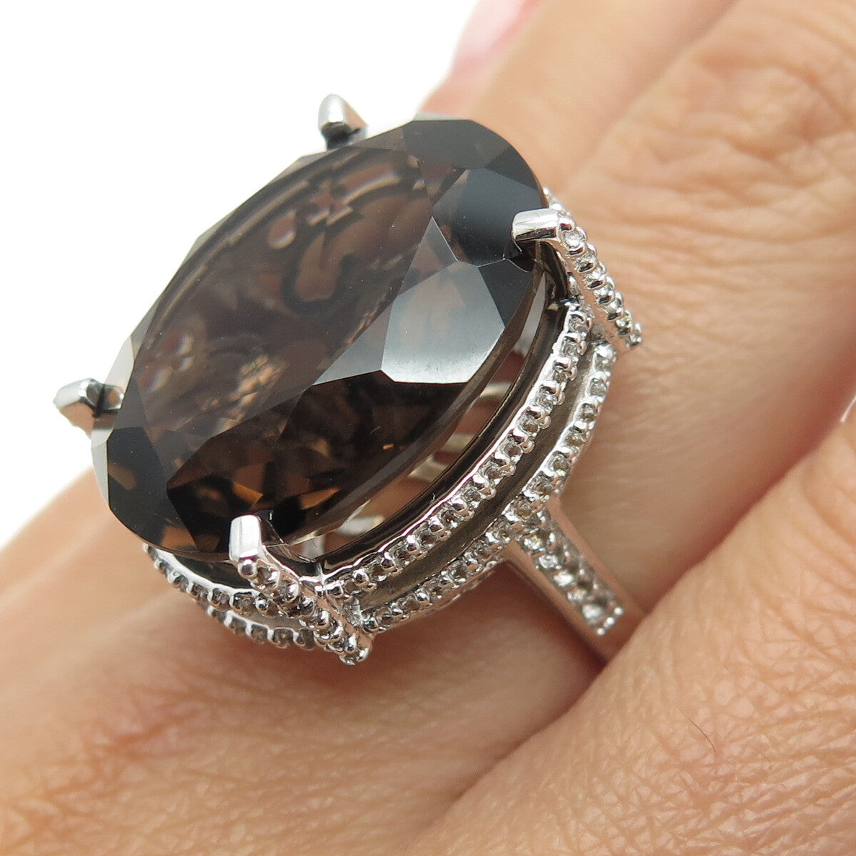 DSMK 925 Sterling Silver Large Smoky Quartz & White Topaz Gem Ring Size 7.25