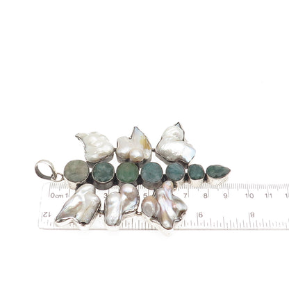 925 Sterling Vintage Real Baroque Pearl & Emerald Modernist Large 55.8g Pendant