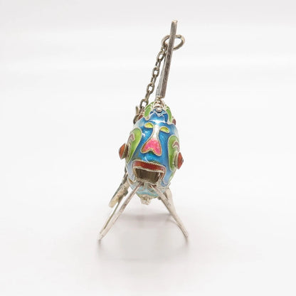 925 Sterling Silver Antique Enamel Chinese Koi Fish Articulated Fob / Pendant