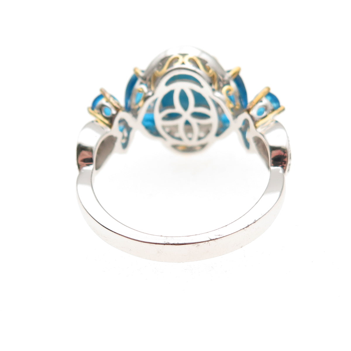 925 Sterling Silver 2-Tone Real Turquoise Apatite & White Topaz Ring Size 8