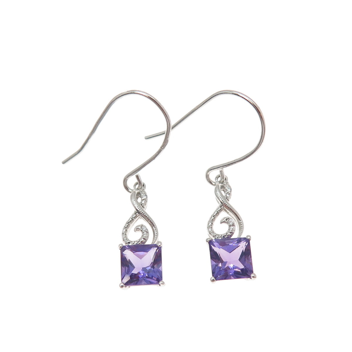 SAI 925 Sterling Silver Real Amethyst & C Z Treble Clef Dangle Earrings