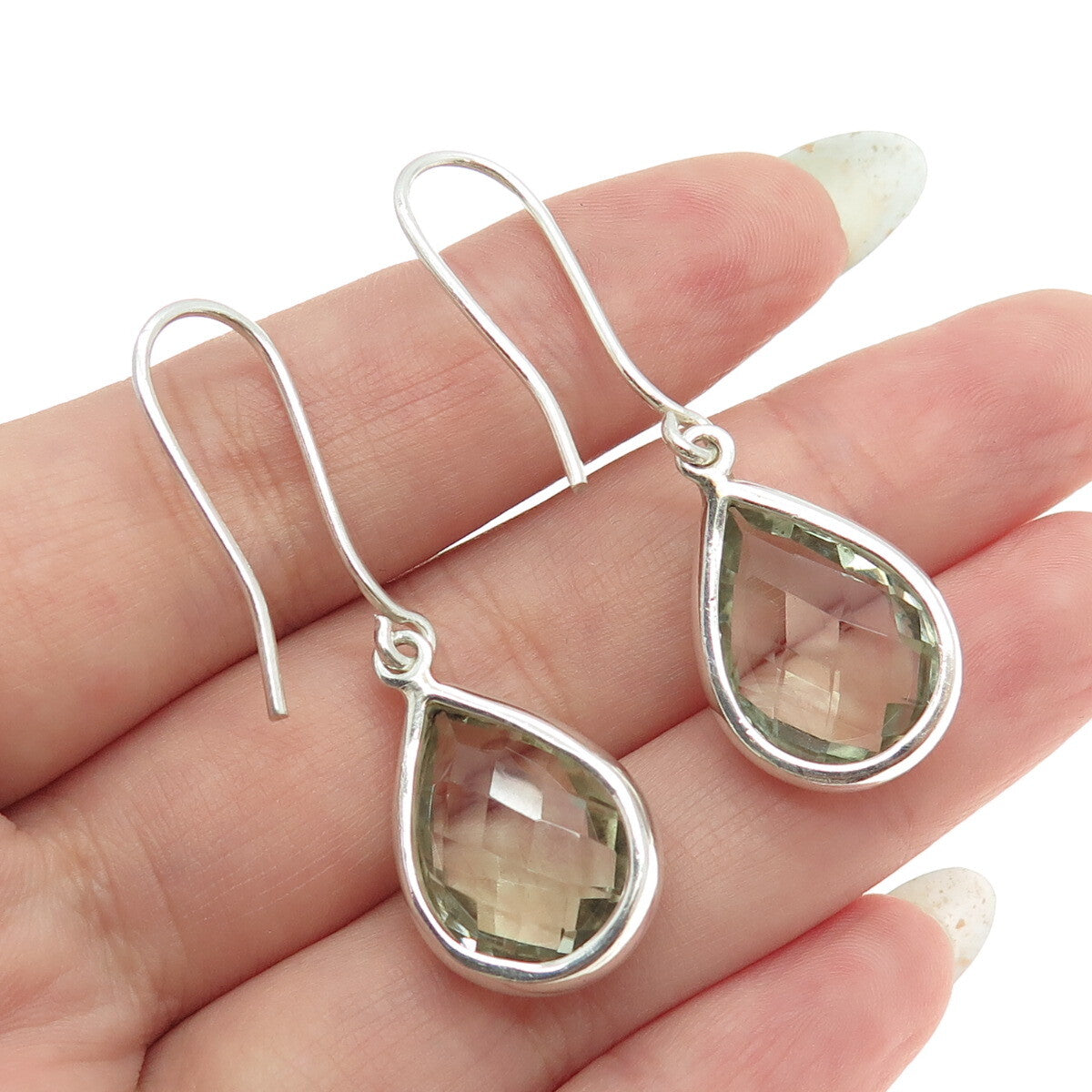 925 Sterling Silver Vintage Real Pear-Cut Green Amethyst Dangling Earrings