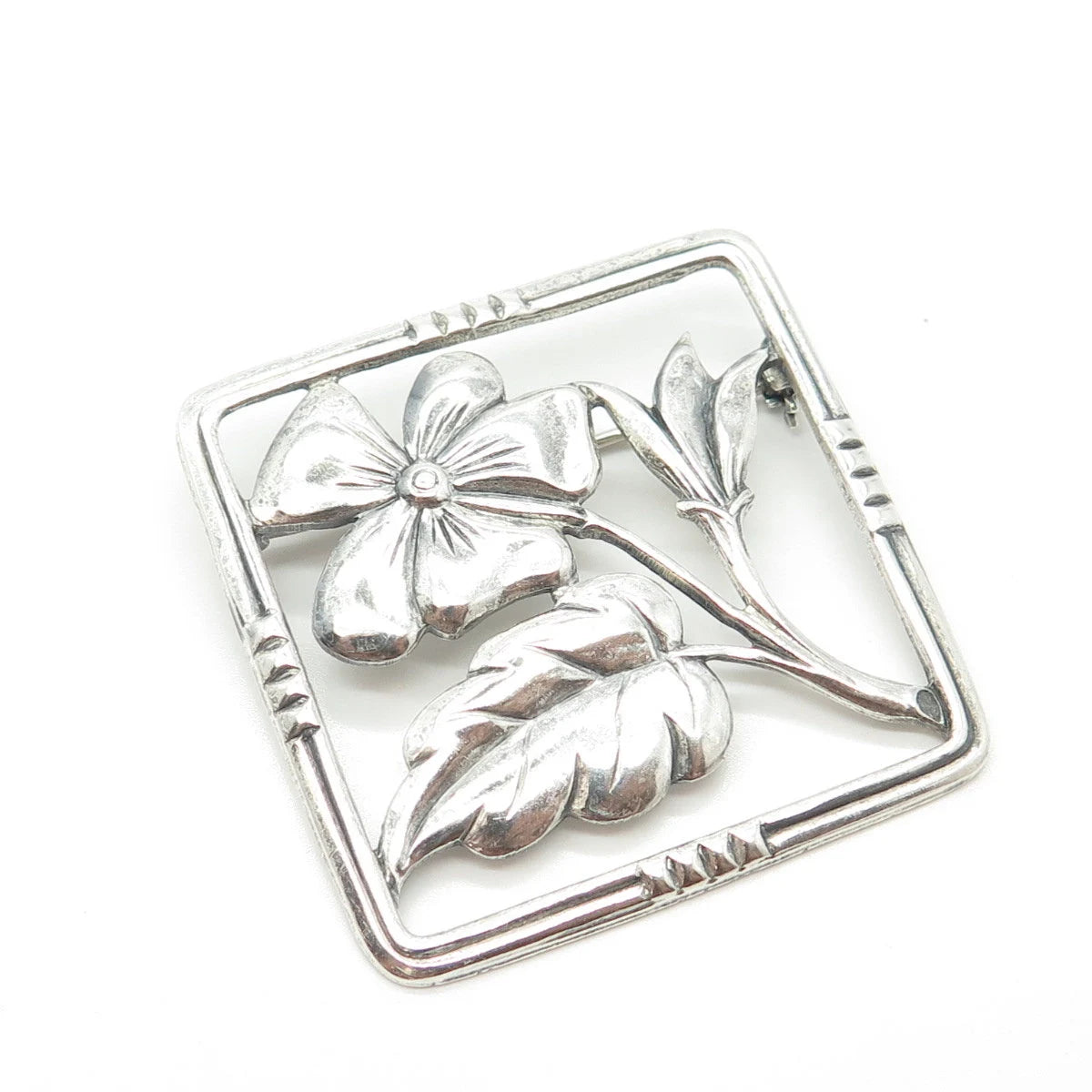 925 Sterling Silver Vintage Floral Blossom Square Pin Brooch