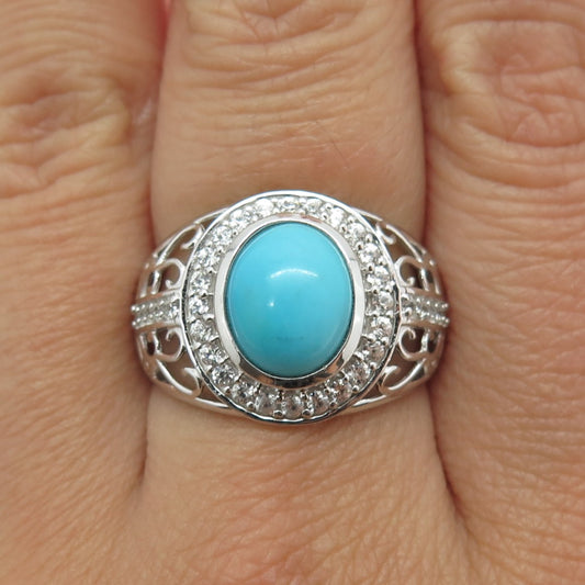 925 Sterling Silver Real Round-Cut White Topaz & Turquoise Swirl Ring Size 8