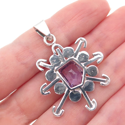 925 Sterling Silver Vintage Mexico Real Amethyst Modernist Charm Pendant