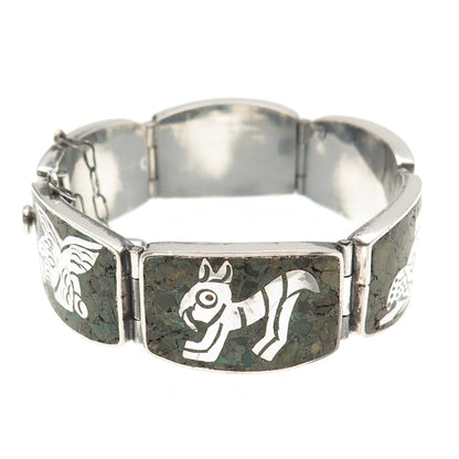 925 Sterling Silver Vintage Mexico Real Azurite Aztec Animals Bracelet 6.75"