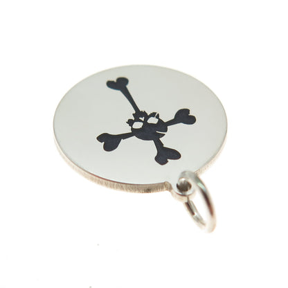 925 Sterling Silver Black Enamel Skull Cross Round Tag Minimalist Charm Pendant