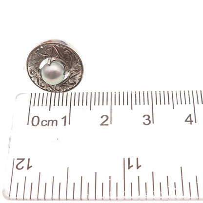 925 Sterling Silver Antique Art Deco Real Pearl Floral Tie Tack / Lapel Pin